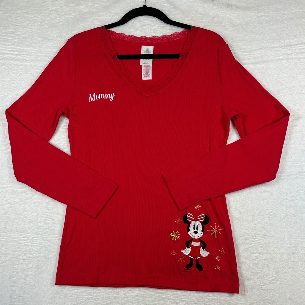 Disney Minnie Mouse Top Womens L Red Mommy Holiday Lace V-Neck Ribbed